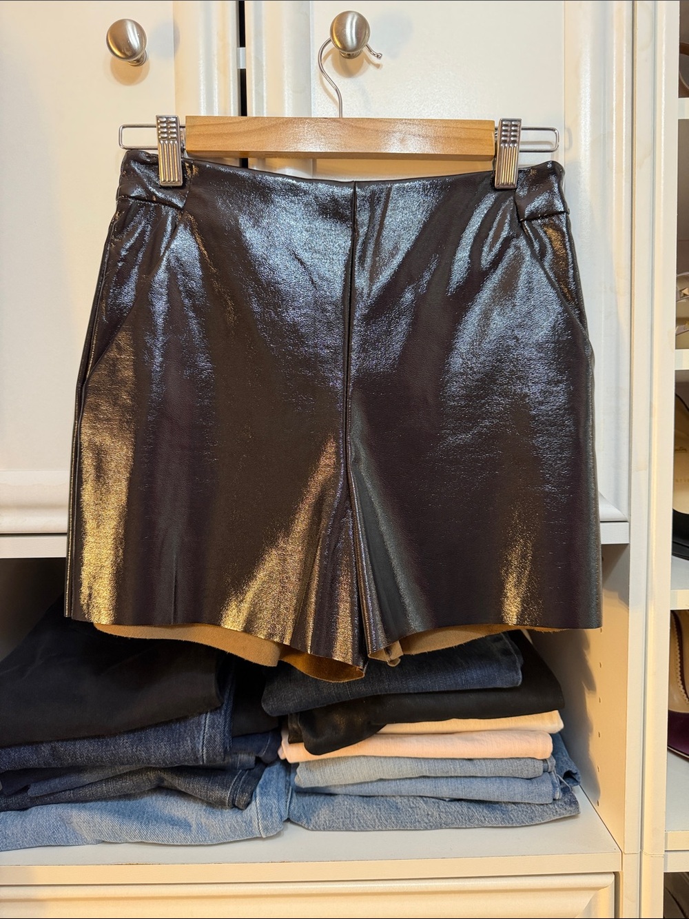 Zara Shiny Black/Navy High-Waist Faux-Leather Shorts